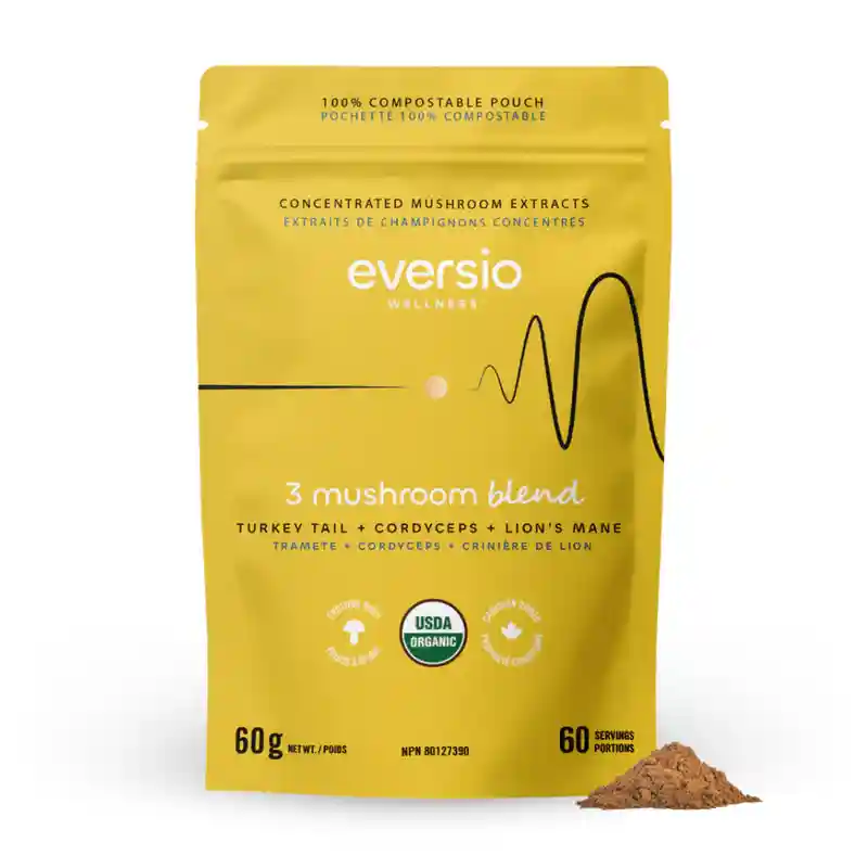 A yellow pouch of Eversio Wellness 3 Mushroom Blend, featuring Turkey Tail and Cordyceps as holistic wellness products.