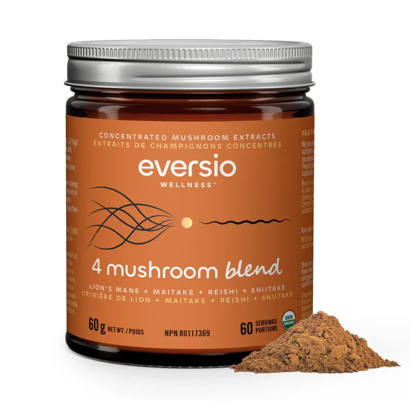 A jar of Eversio Wellness 4 Mushroom Blend powder featuring Lion's Mane and Reishi, perfect for determining the best time of day to take mushroom supplements.