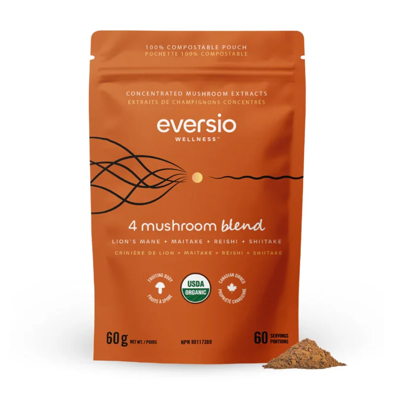 A compostable orange pouch of Eversio Wellness 4 Mushroom Blend, showing an eco-friendly packaging option for mushroom blend supplements. A compostable orange pouch of Eversio Wellness 4 Mushroom Blend, showing an eco-friendly packaging option for mushroom blend supplements.