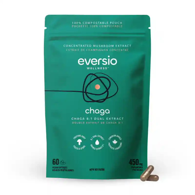 A 100% compostable pouch of Eversio Wellness Chaga 8:1 dual extract, known as one of the best immune boosting mushrooms.