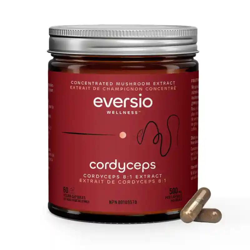 Red-labelled jar of Cordyceps 8:1 dual extract, a powerful energy component of a cognitive mushroom stack.