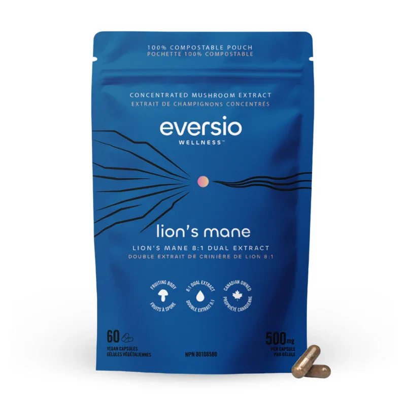 A blue pouch of Eversio Wellness Lion's Mane, rated among the "Best Of" Mushroom Supplements.