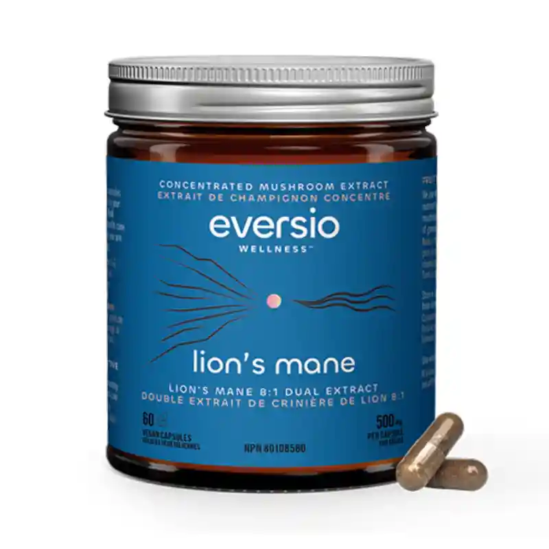 Close-up of a blue jar of concentrated Lion's Mane 8:1 dual extract capsules from a reputable Canadian mushroom company.