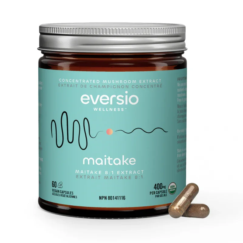 A bottle of Eversio Wellness Maitake 8:1 Extract capsules, highlighting a standard maitake mushroom dosage for health.