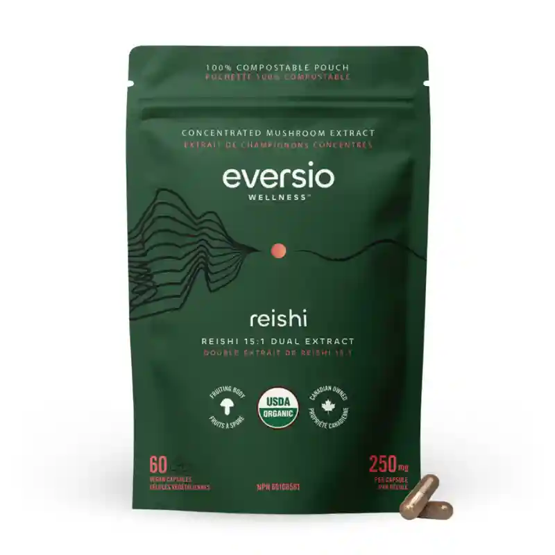 Compostable green pouch of Reishi 15:1 dual extract mushroom capsules USA certified USDA organic.