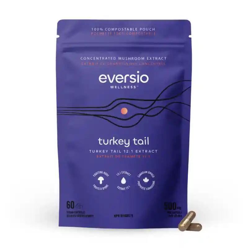 A purple compostable pouch of Eversio Wellness Turkey Tail extract, a perfect companion for Reishi mushroom extract Canada. A purple compostable pouch of Eversio Wellness Turkey Tail extract, a perfect companion for Reishi mushroom extract Canada.