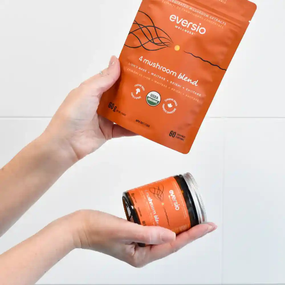 user-inserted Eversio Wellness adaptogen blend capsules featuring mushrooms for stress relief and energy.