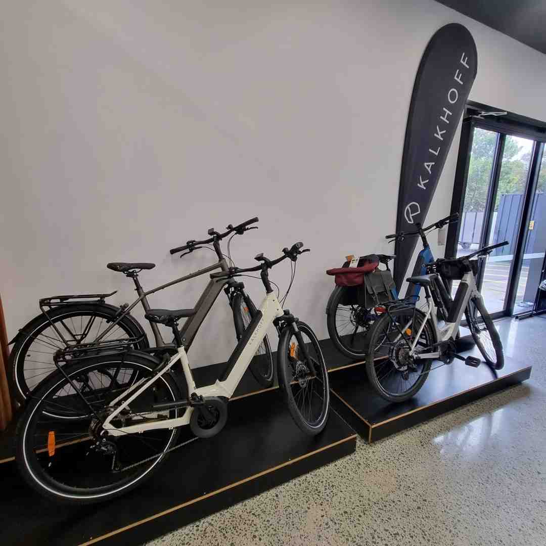 Collection of electric bikes on display at EveryBody eBikes Brisbane store, showcasing various models for commuting and recreational riding