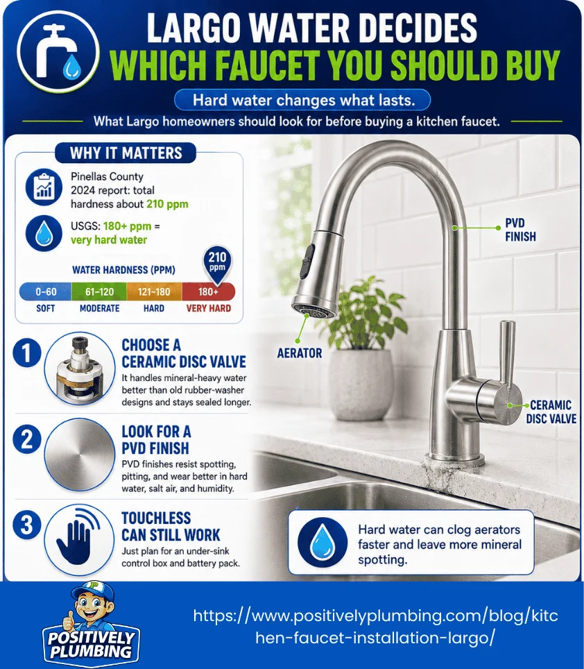 Largo hard water faucet guide showing mineral buildup under the sink.