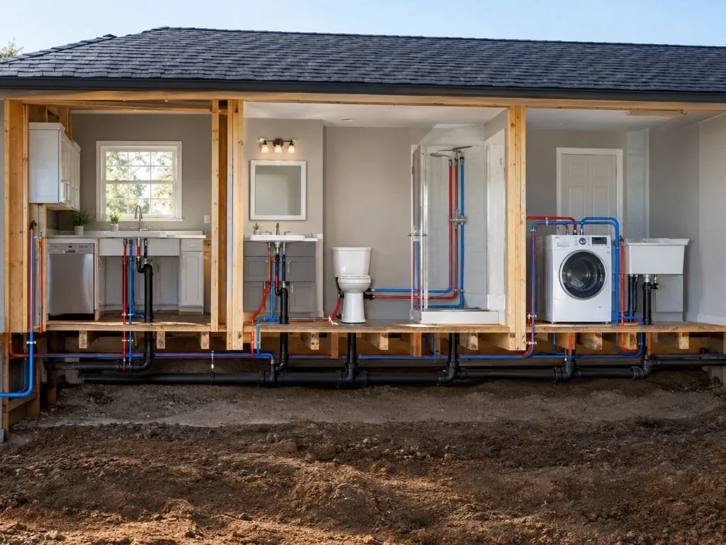 user-inserted Diagram showing PEX repipe cross-section, with new lines routed overhead to bypass old plumbing in a slab home.