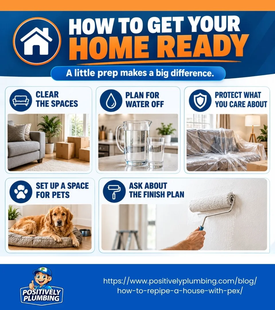 user-inserted PEX repipe home prep: clearing walls, covering items, and preparing for water shutoff.