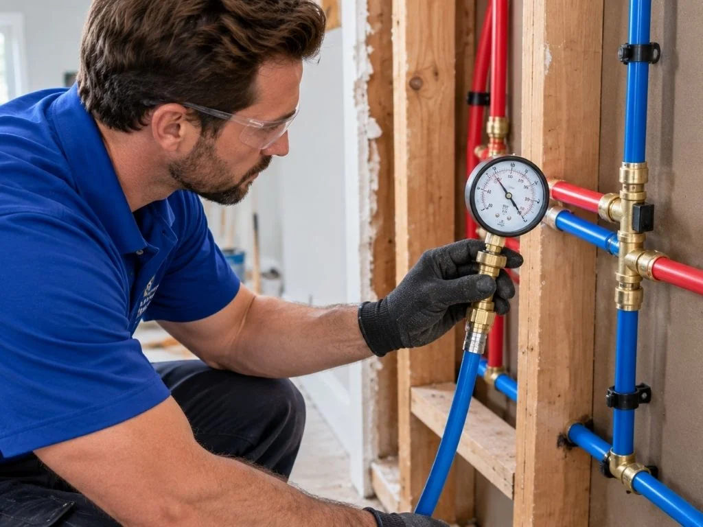 user-inserted PEX repipe pressure testing to check for leaks before drywall is replaced.