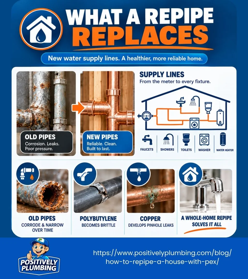 user-inserted PEX pipes replacing old galvanized steel pipes during a whole-house repipe.