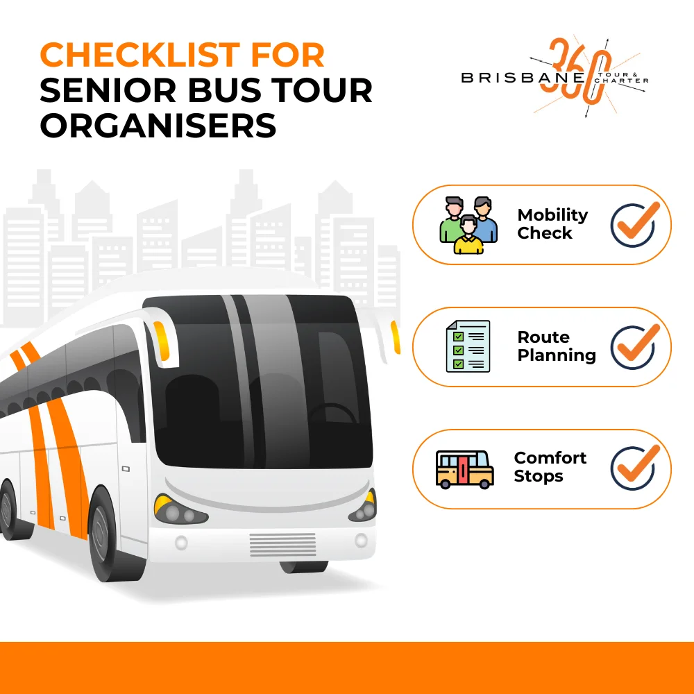 Infographic showing a checklist for senior bus tour organisers: route planning, mobility check, and comfort stops - bus