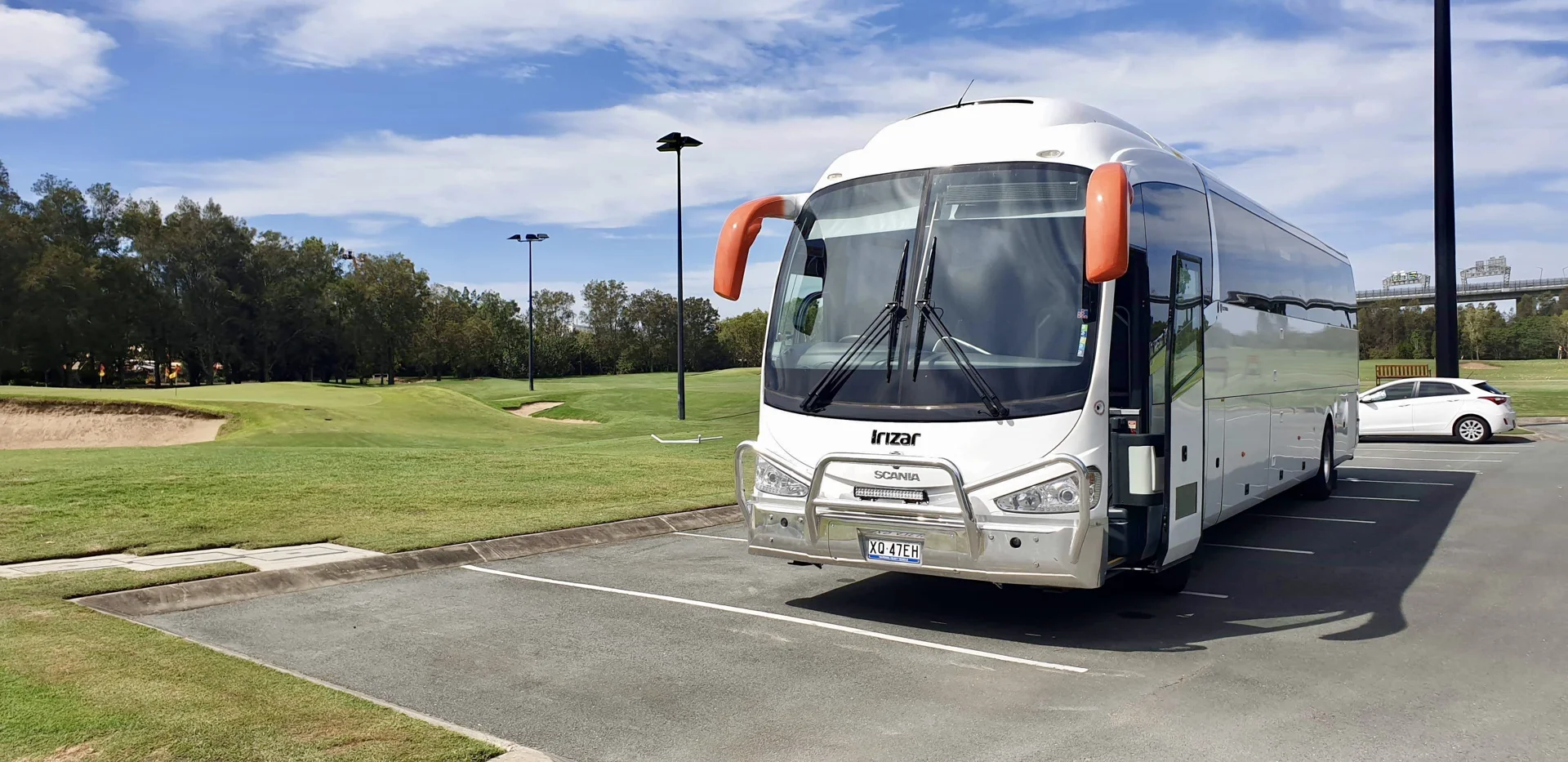 White Irizar Scania coach bus used for worker transport to remote project sites in South East Queensland.