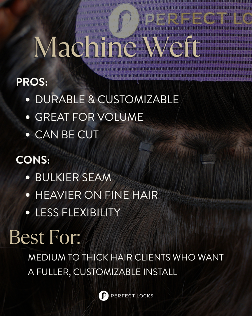 Infographic comparing hand-tied vs machine vs hybrid wefts showing seam thickness, weight distribution, ideal hair types, installation time, and cost ranges in easy-to-read chart format - hand tied weft hair extensions infographic