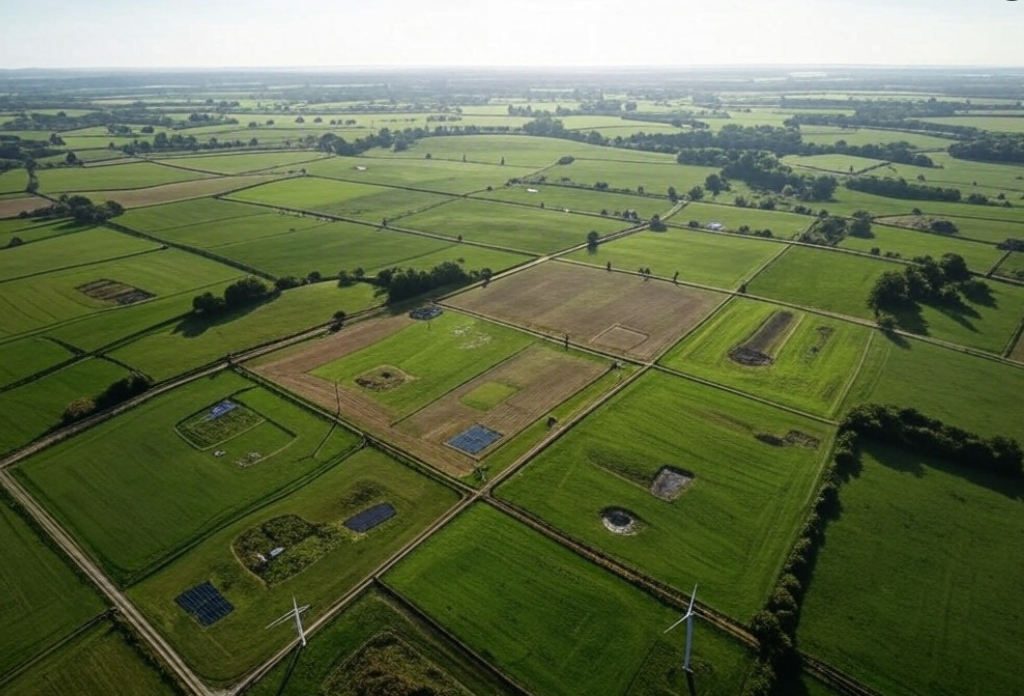 an aerial view of a vast land property divided into plots