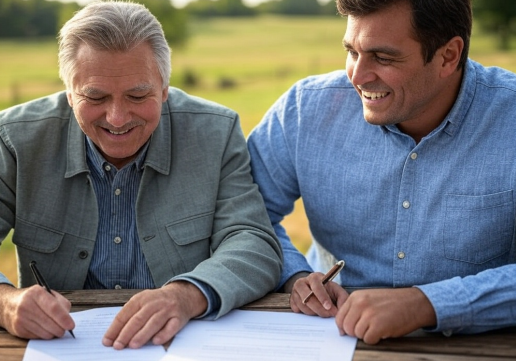 photo of a landowner and a buyer signing a real estate contract on a wooden table outdoors, with a scenic view of open land in the background.
