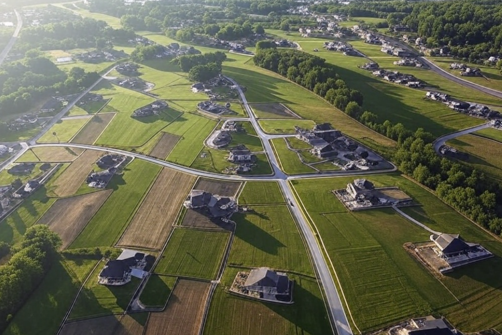 aerial view of suburban land plots marked with property lines, showcasing potential residential development opportunities