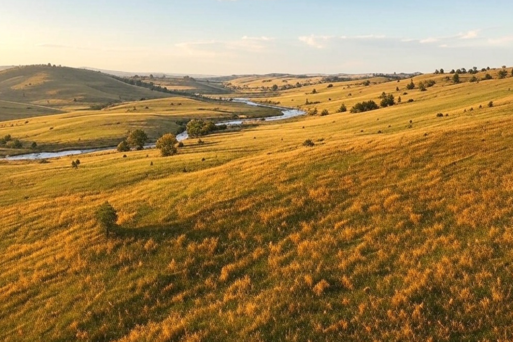 realistic photo of a drone shot overlooking a vast, undeveloped land parcel