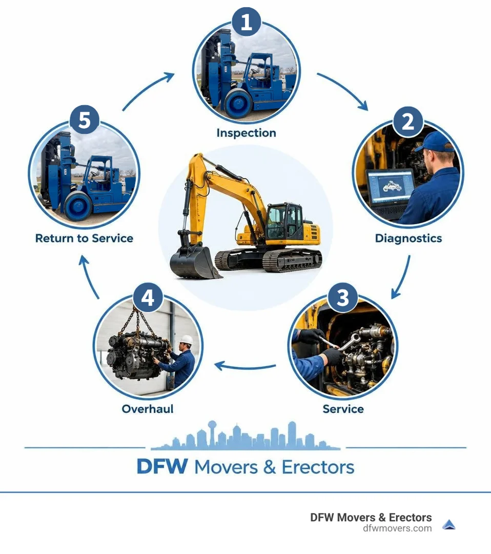 Heavy equipment maintenance cycle infographic showing inspection, diagnostics, service, overhaul, and return to service for DFW Movers & Ere
