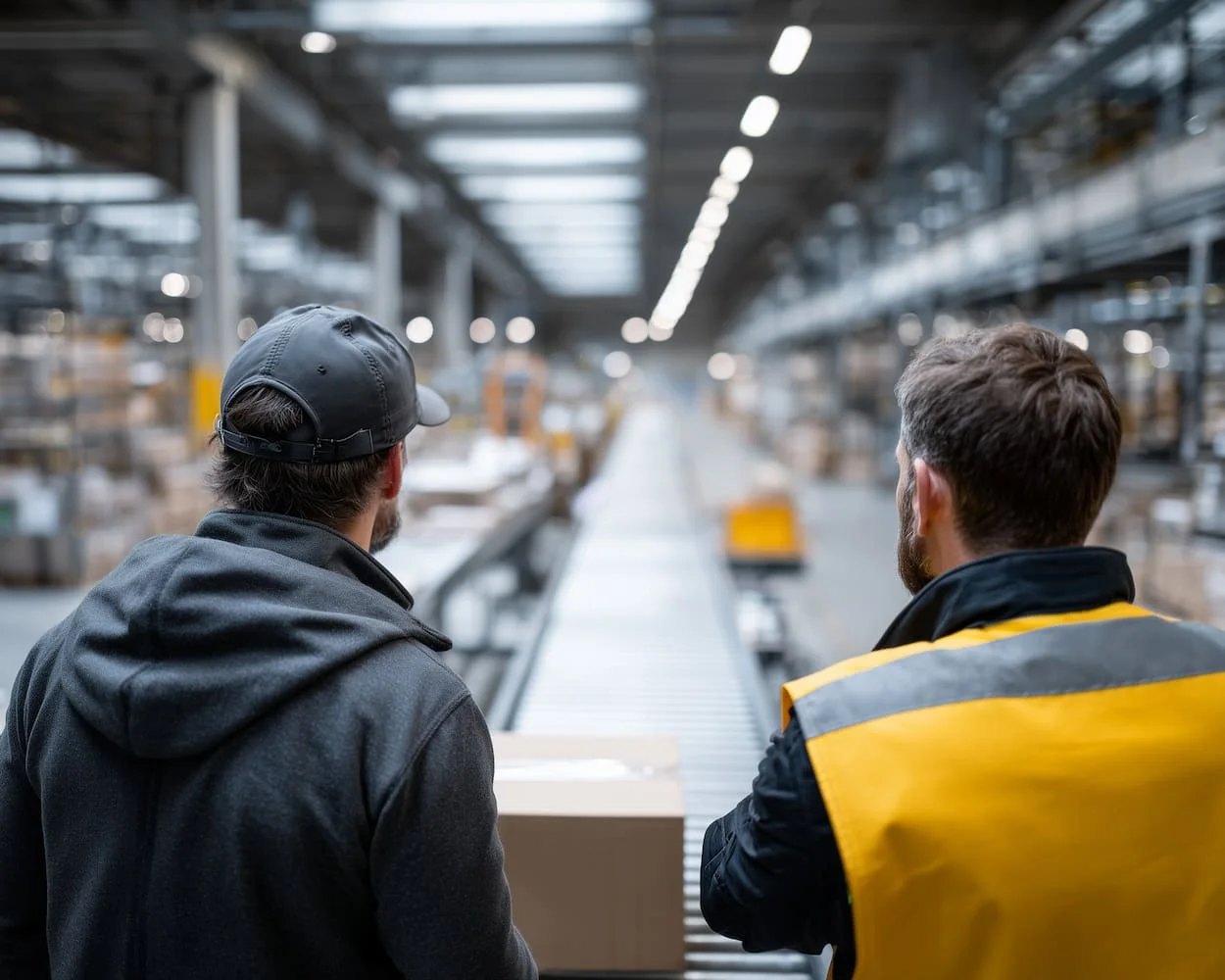 two warehouse workers reviewing reverse logistics belt