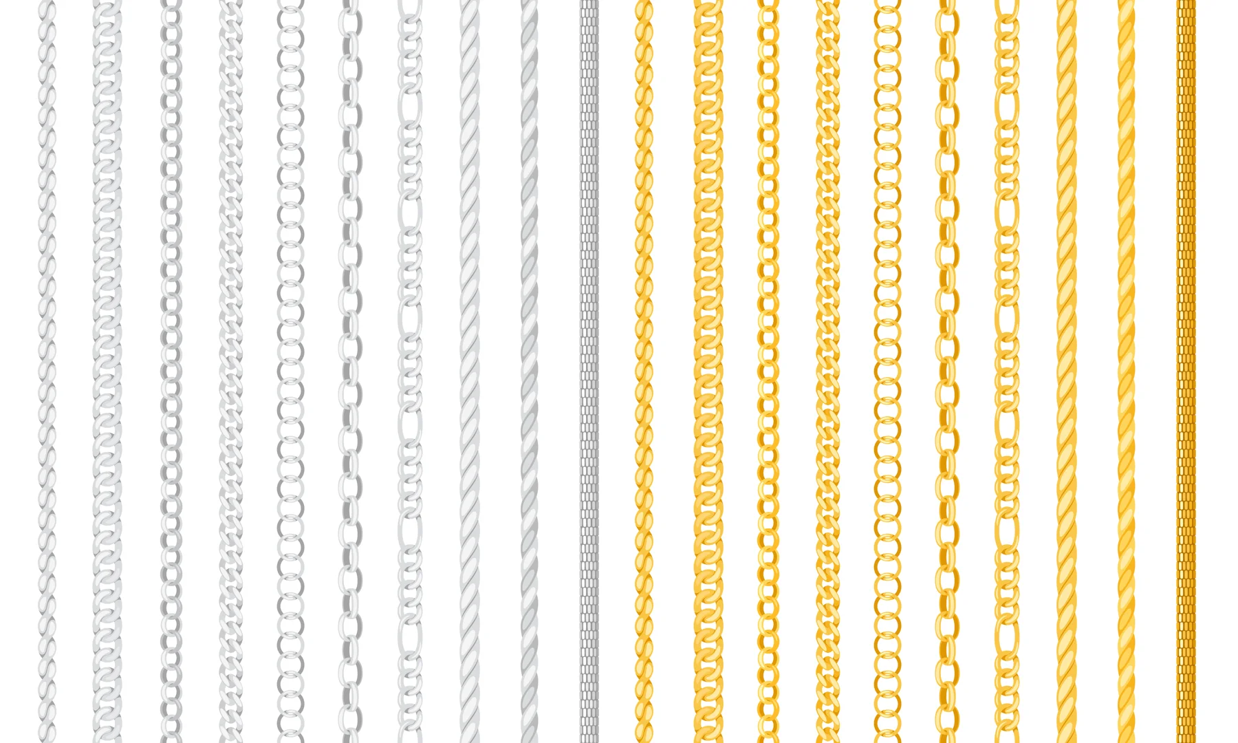 An isolated white background with a variety of white gold and yellow gold chain styles