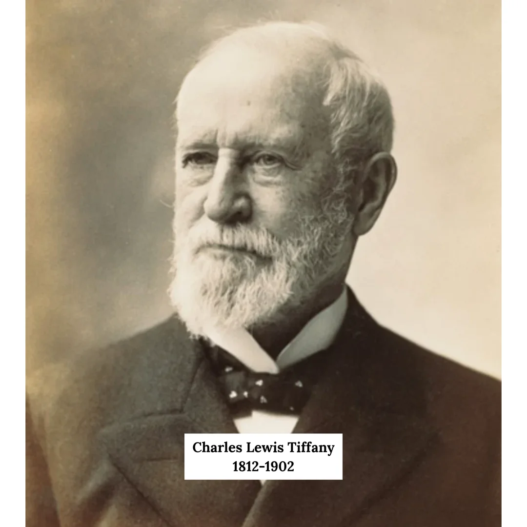 A portrait photograph of Charles Lewis Tiffany with a small caption showing his complete name and the years he lived, "1812-1902."