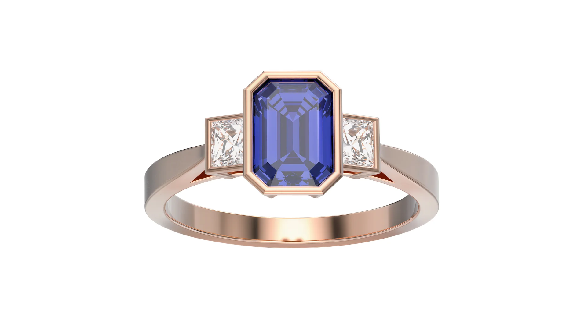user-inserted A rose gold three-stone engagement ring featuring a center emerald-cut blue sapphire and two accent diamonds on an isolated white background.