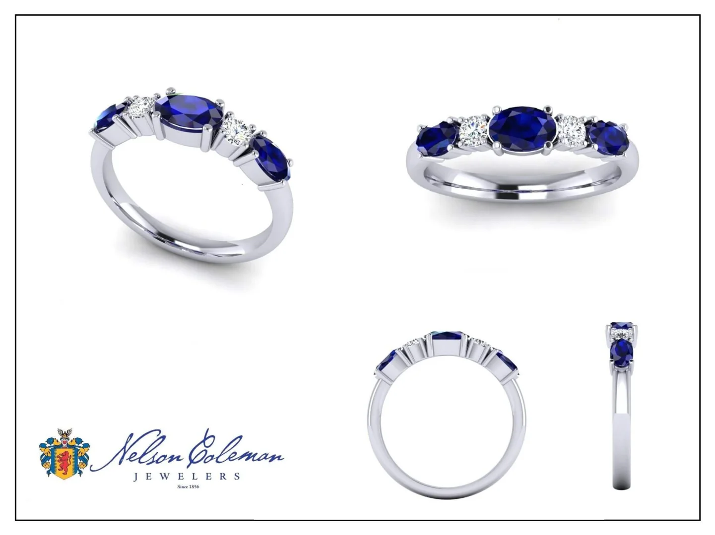 Several CAD renderings of a custom design project for a white gold blue sapphire and diamond anniversary band.