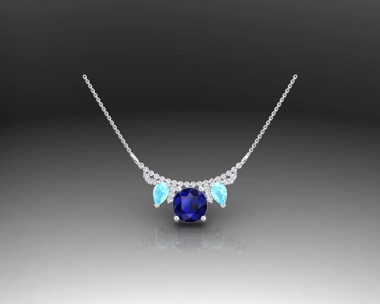 A custom design CAD image of a blue sapphire and diamond necklace on a gradient grey background.
