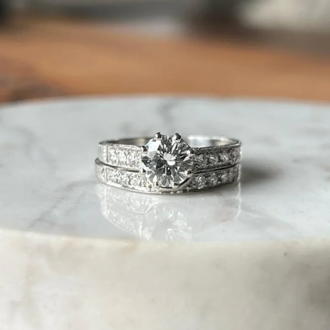 A white gold diamond wedding ring set on a white marble surface.