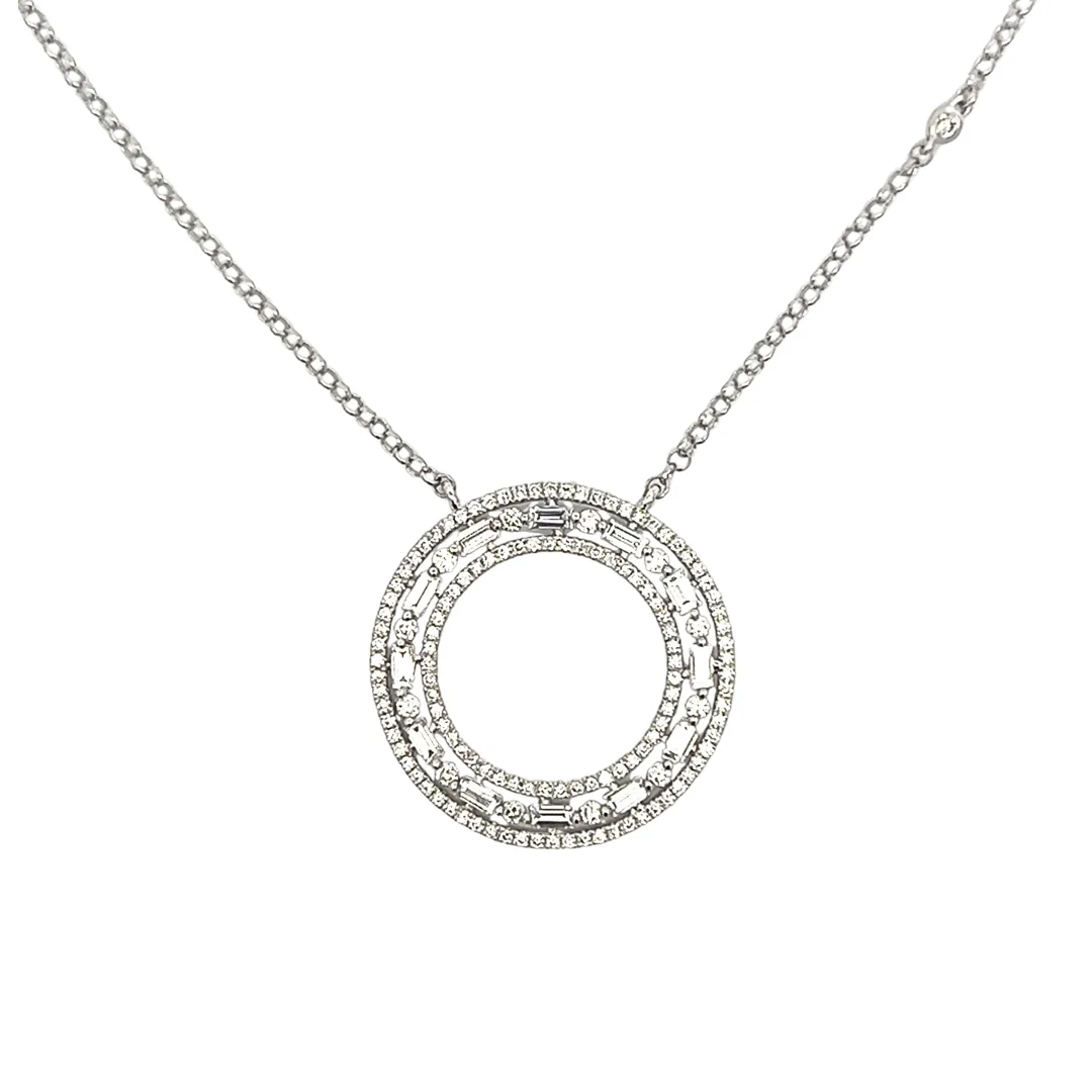 A white gold diamond open circle pendant necklace on an isolated white background.