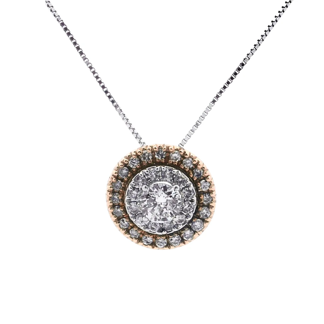 A two-tone gold diamond halo pendant necklace on an isolated white background