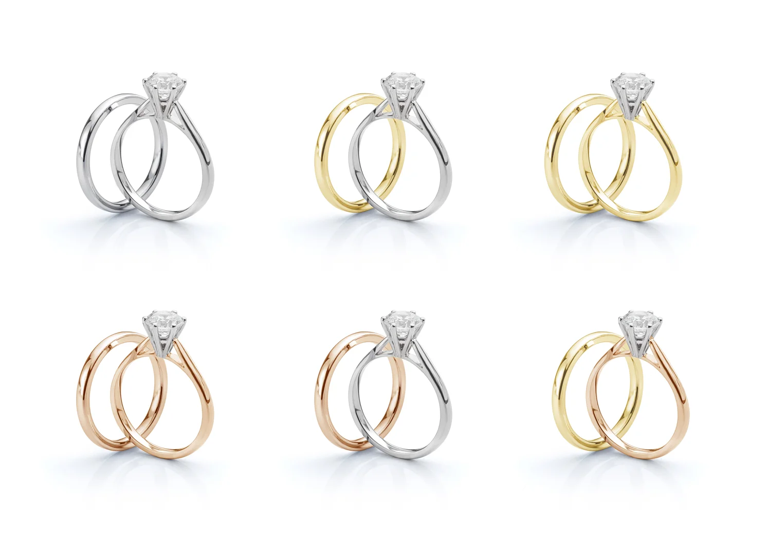 user-inserted Bridal ring sets are available in a variety of metal types and color combinations, including yellow gold, rose gold, white gold, and platinum.