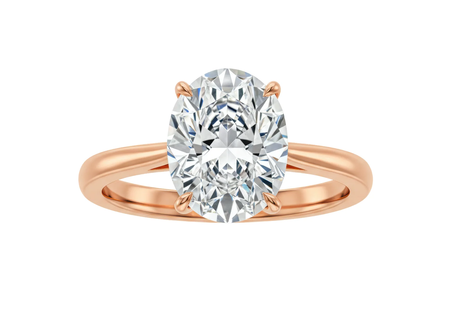 user-inserted A 14-karat rose gold four-prong oval-shaped brilliant-cut diamond solitaire engagement ring on an isolated white background.
