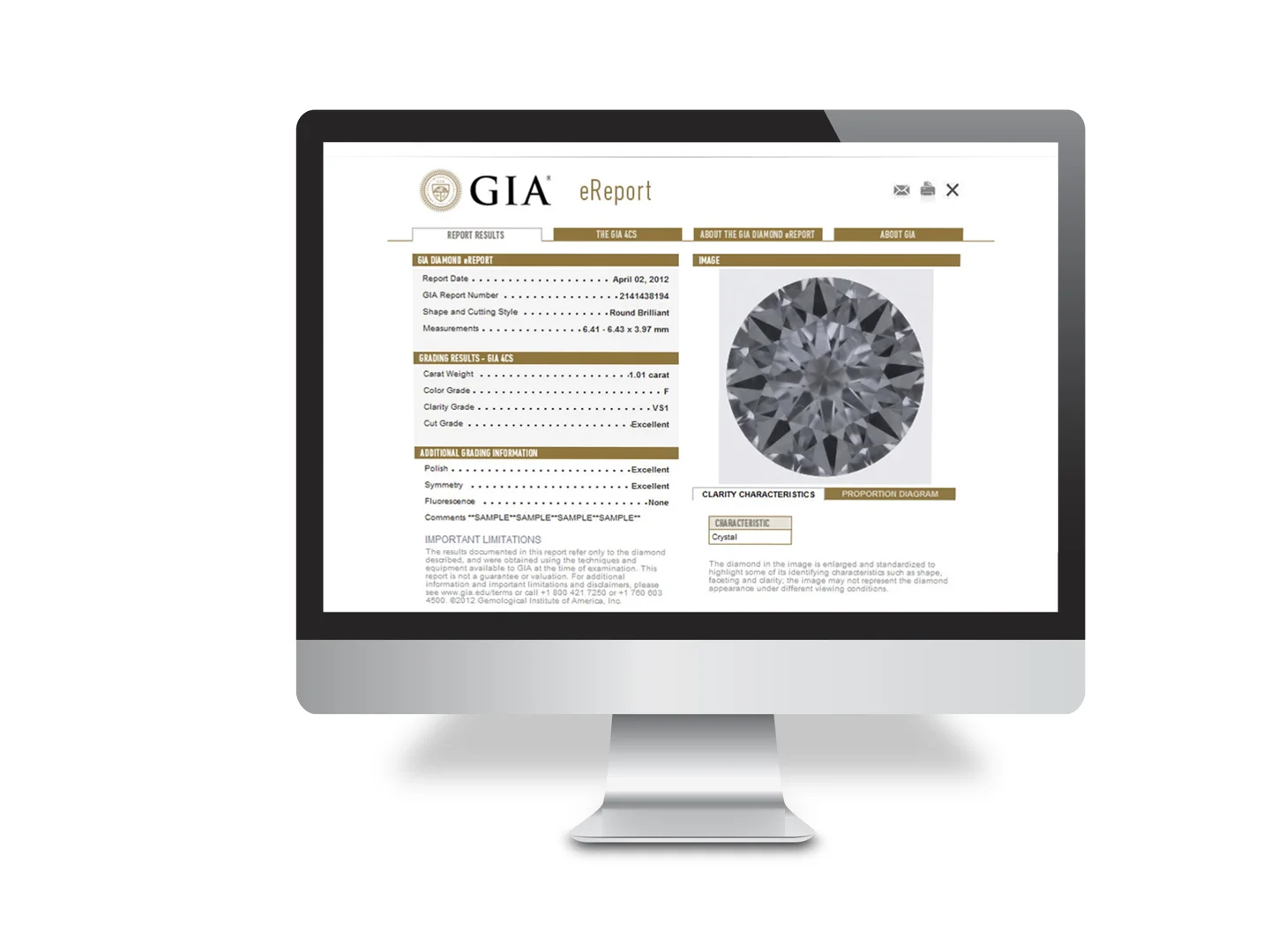 An example of a GIA diamond grading report on a computer screen on an isolated white background