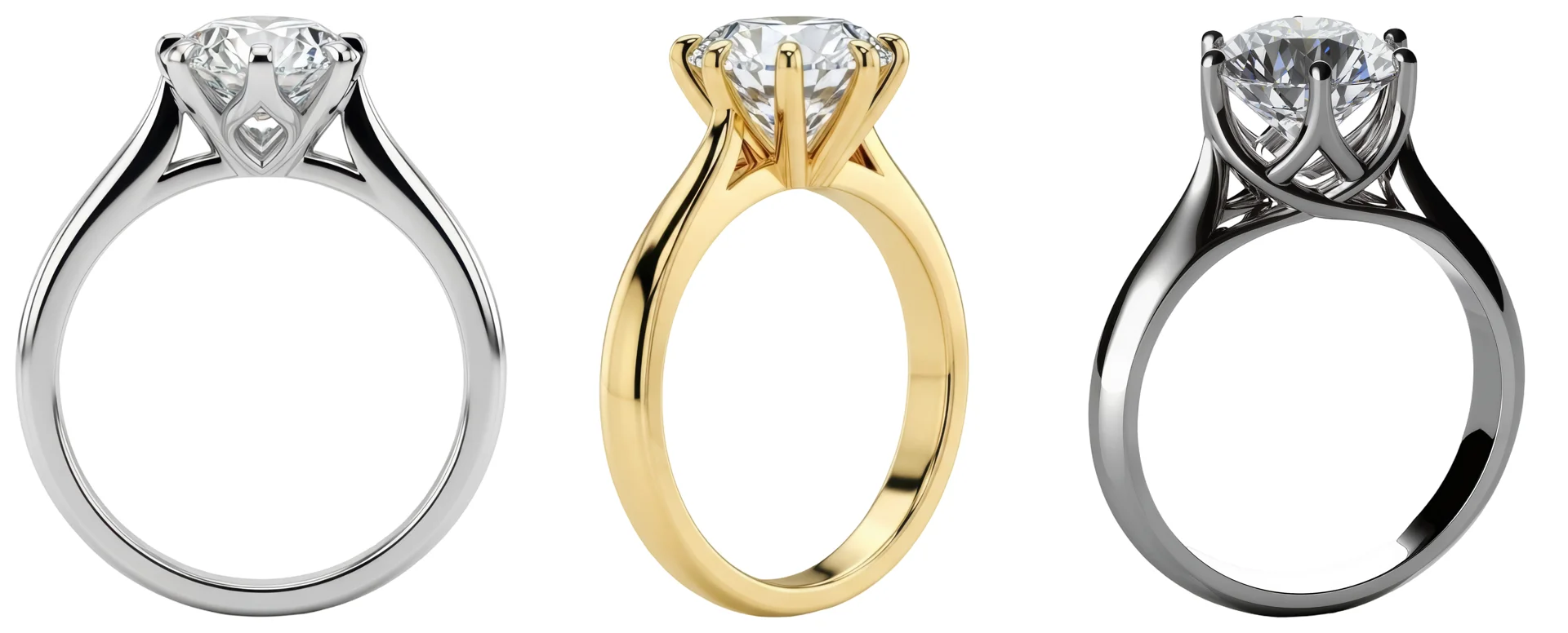 A collection of six-prong diamond solitaire engagement rings with different structural designs in the basket, shoulders, and shank on an isolated white background.