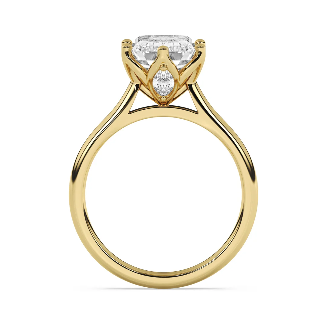 A six-prong diamond solitaire engagement ring with a sculpted, floral-inspired basket for the center diamond.