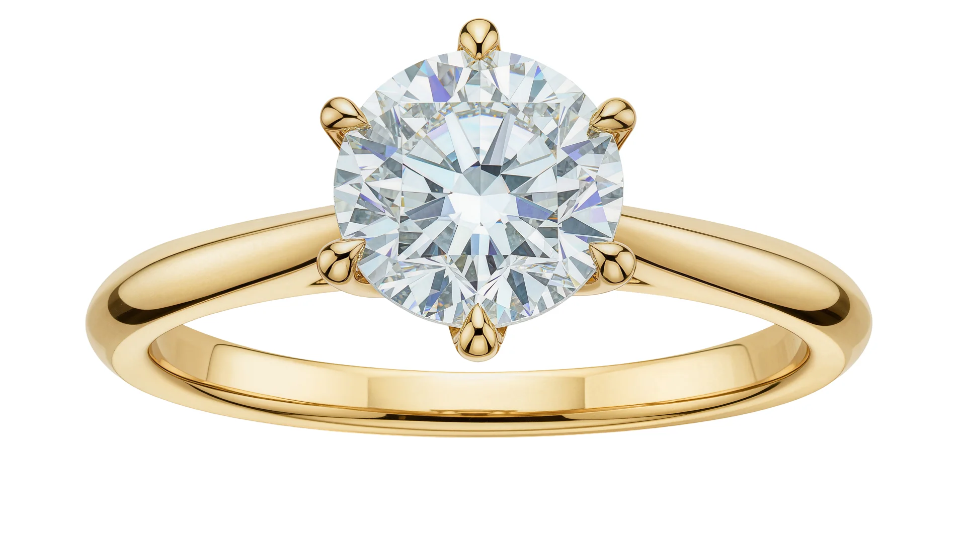 A yellow gold six-prong diamond solitaire engagement ring with claw prongs. The ring is on an isolated white background.