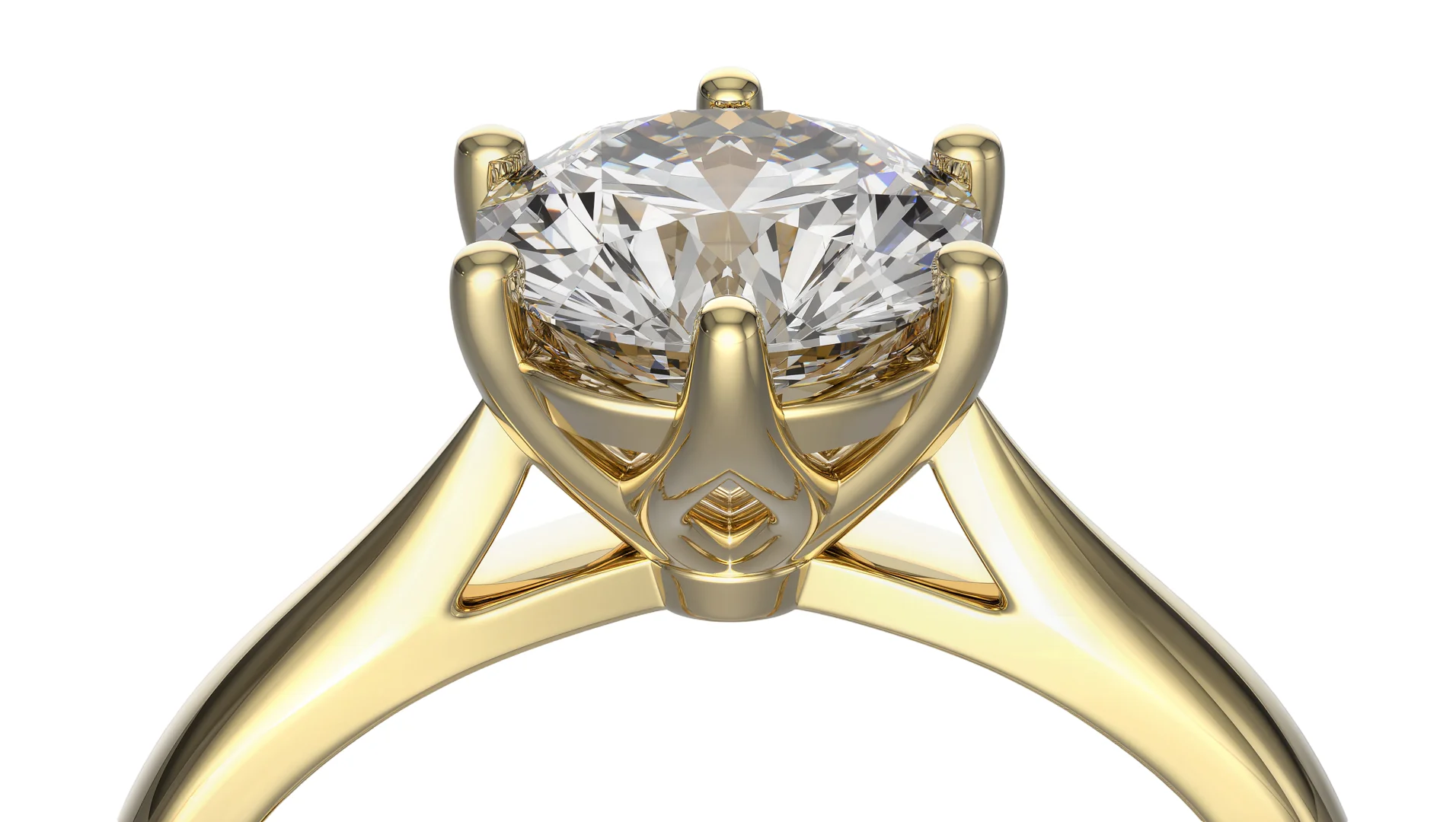 A close-up image of the head, shoulders, and bridge of a six-prong diamond solitaire engagement ring with rounded prongs.