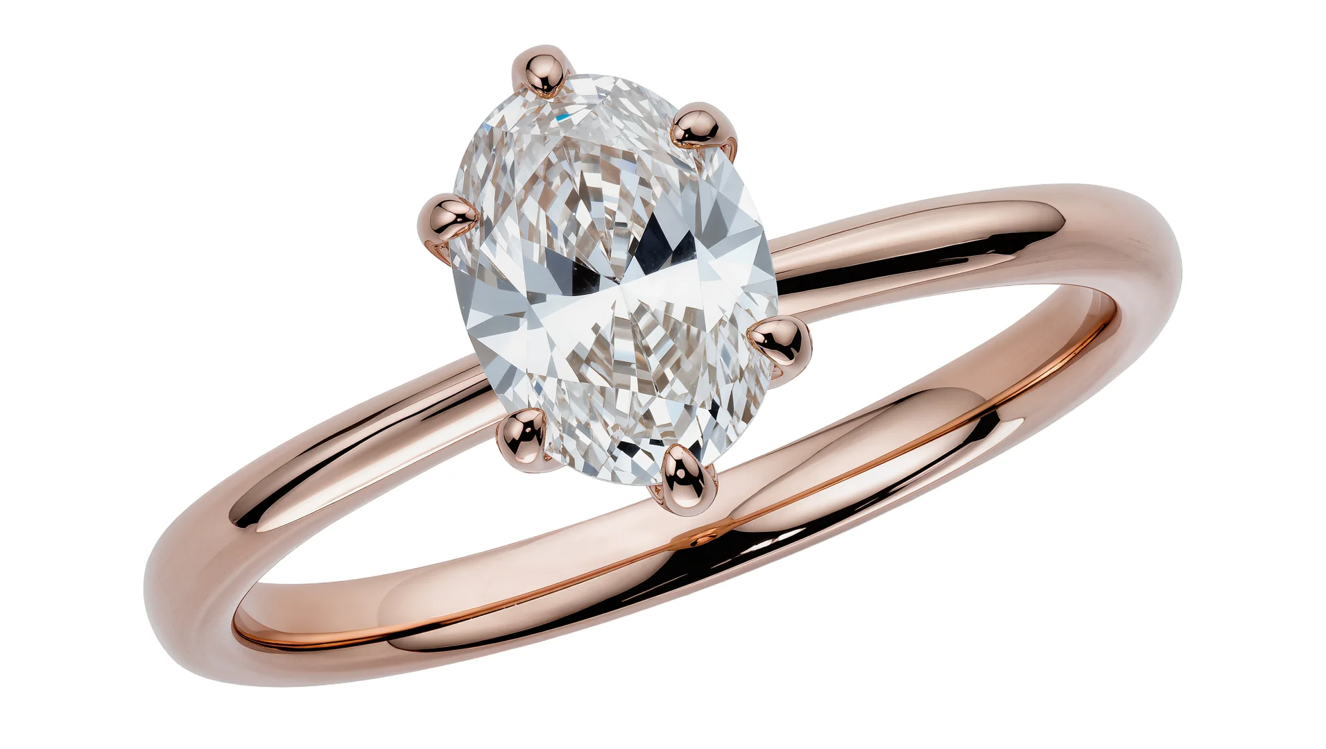 user-inserted A 14-karat rose-gold six-prong oval-shaped brilliant-cut solitaire engagement ring on an isolated white background.