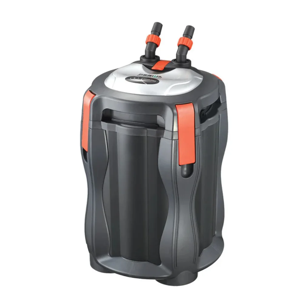 Aquarium canister filter in a clean, modern home aquarium setup.