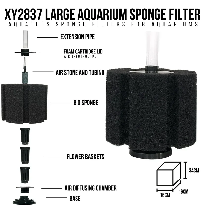 Aquatees Jumbo Bio Sponge Filters XY Series in a clean home aquarium setup.