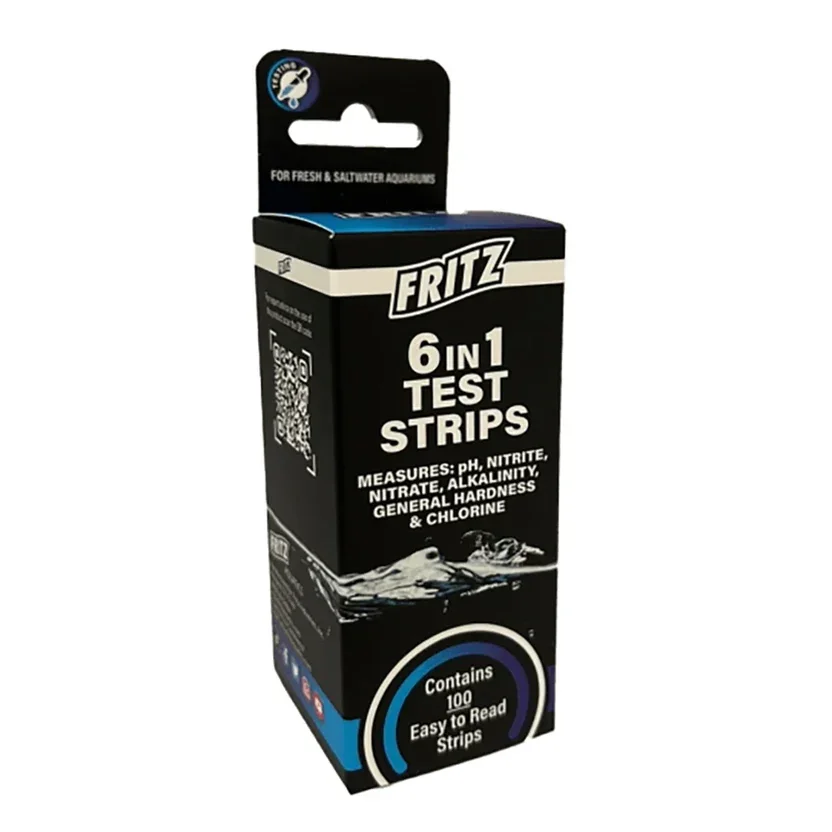 Fritz 6 in 1 test strips for measuring nitrate levels in aquarium water.