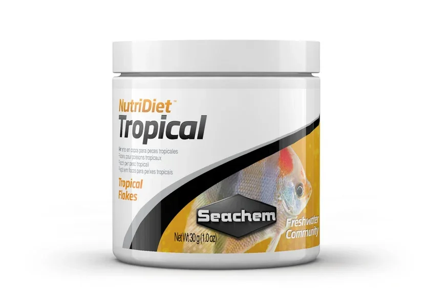 Seachem NutriDiet Tropical Flakes for surface-feeding aquarium fish.