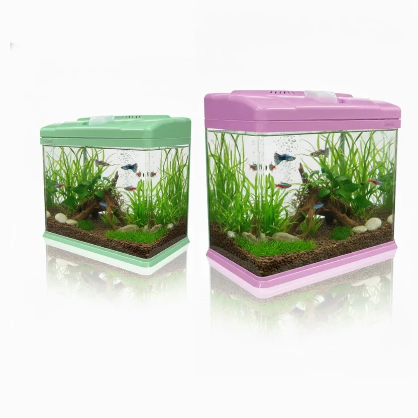 XILONG acrylic aquarium starter kit with integrated LED hood and power filter.