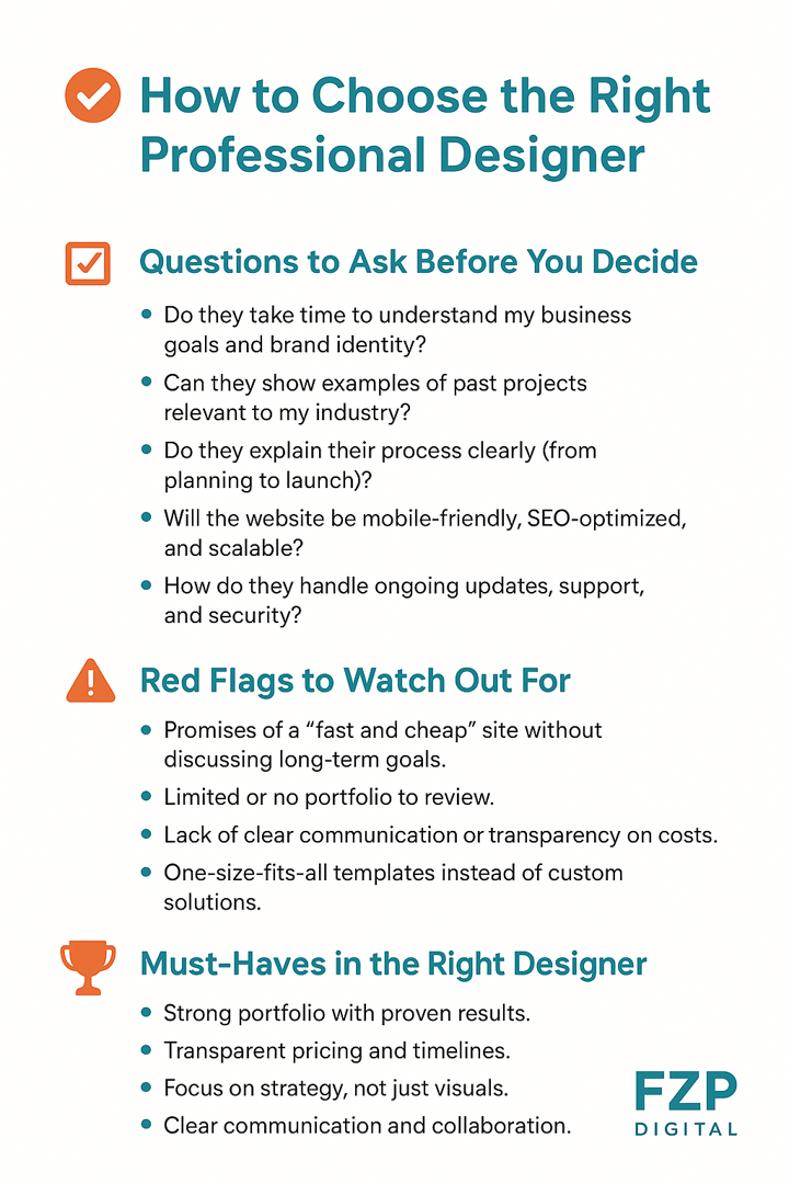 Infographic showing how to choose the right professional website designer—local business website