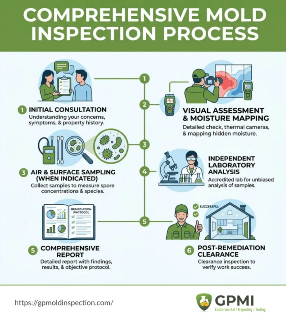 Infographic Outlining Comprehensive Mold Inspection Process From Consultation To Post-Remediation Clearance.
