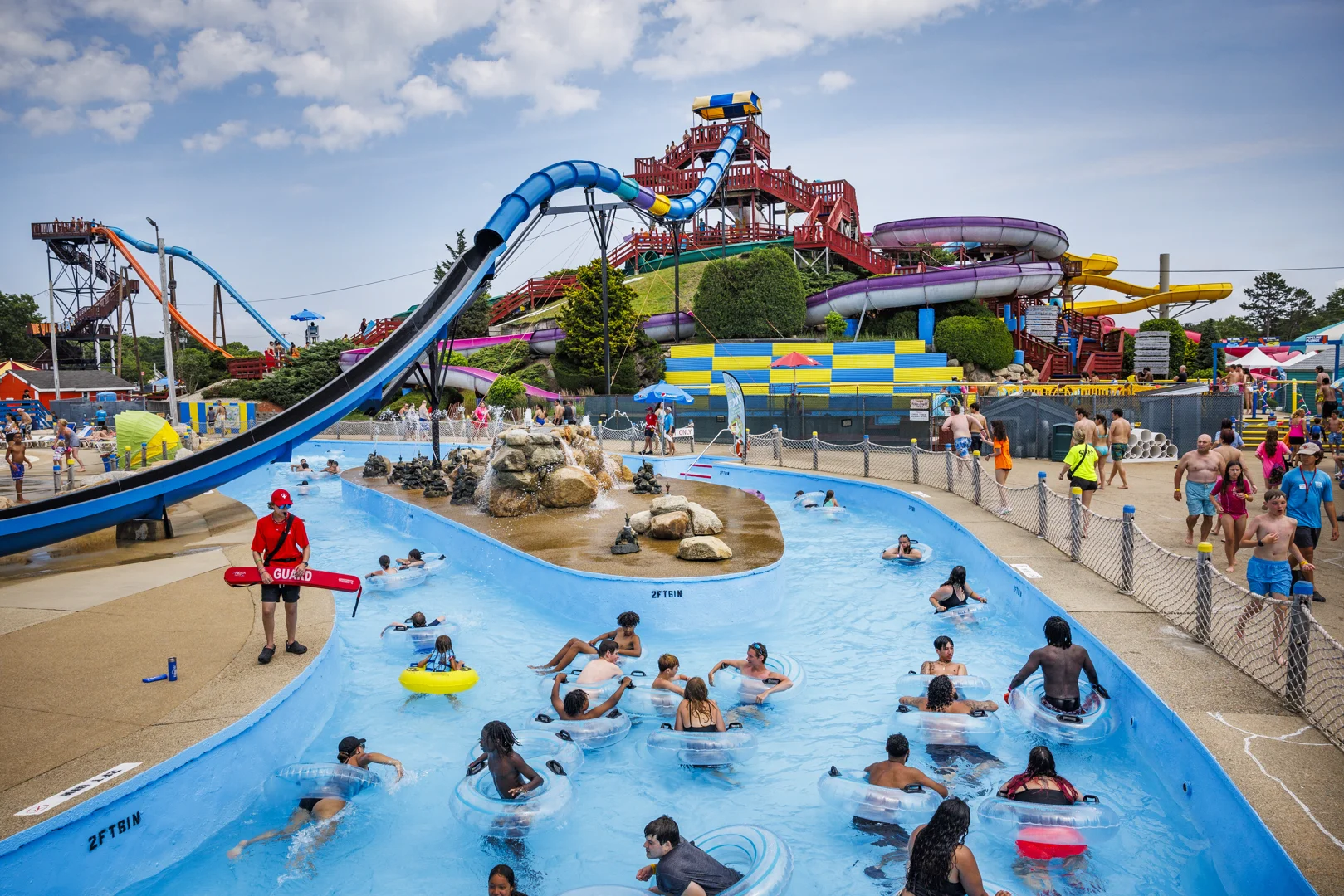 Empty water park slides and pools ready for a private group event